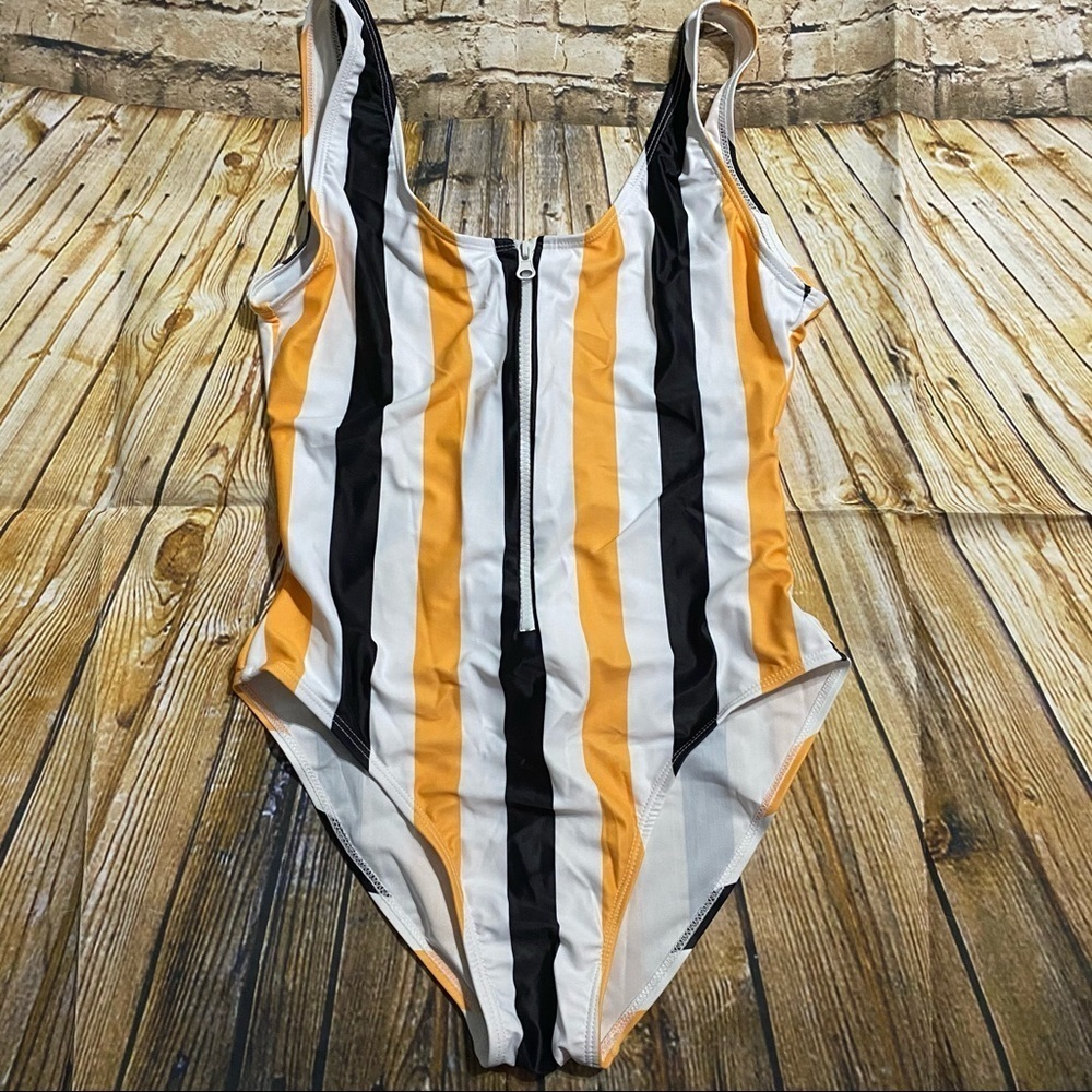 White Yellow Black Zip Up One Piece Swimsuit